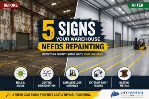 industrial warehouse showing peeling paint rust and repainting transformation