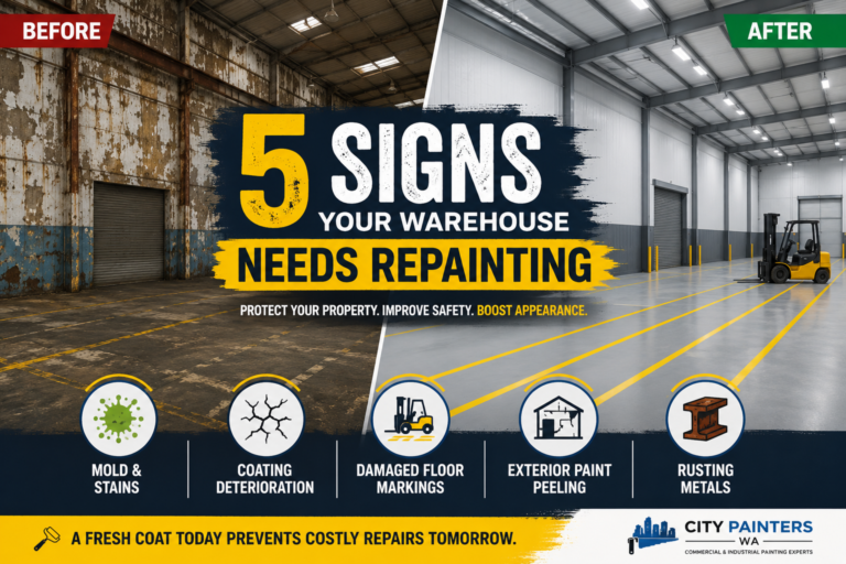 industrial warehouse showing peeling paint rust and repainting transformation