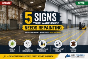 industrial warehouse showing peeling paint rust and repainting transformation