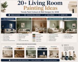 20+ living room painting ideas infographic with wall designs, colour schemes and 2026 paint trends