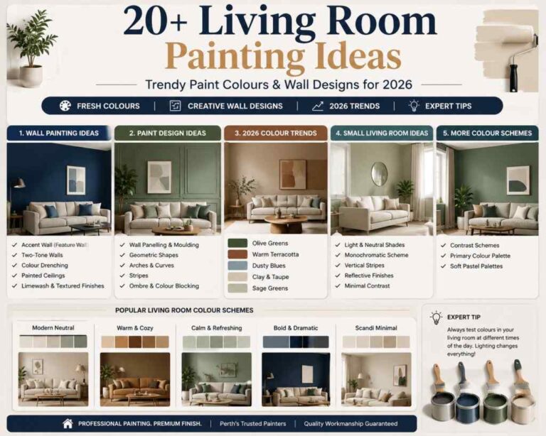 20+ living room painting ideas infographic with wall designs, colour schemes and 2026 paint trends