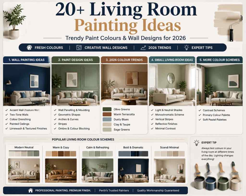 20+ living room painting ideas infographic with wall designs, colour schemes and 2026 paint trends