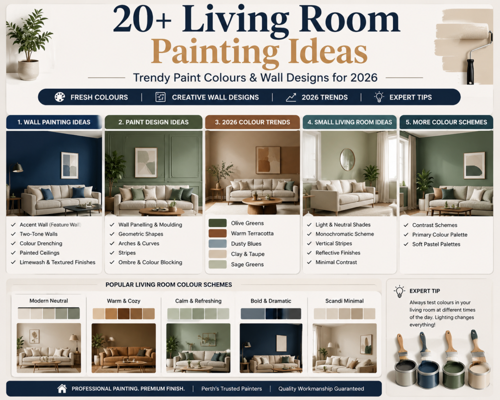 20+ living room painting ideas infographic with wall designs, colour schemes and 2026 paint trends