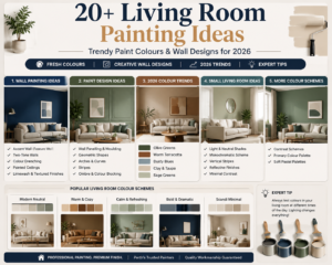 20+ living room painting ideas infographic with wall designs, colour schemes and 2026 paint trends
