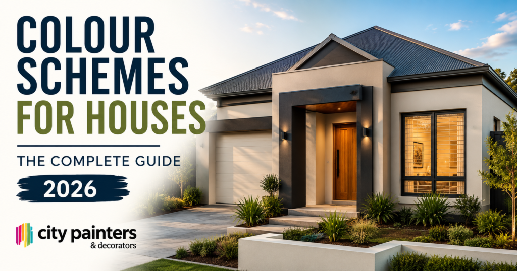 Colour schemes for houses guide showing a modern Perth home exterior, neutral paint colour palette, exterior colour ideas, and expert painting tips from City Painters & Decorators