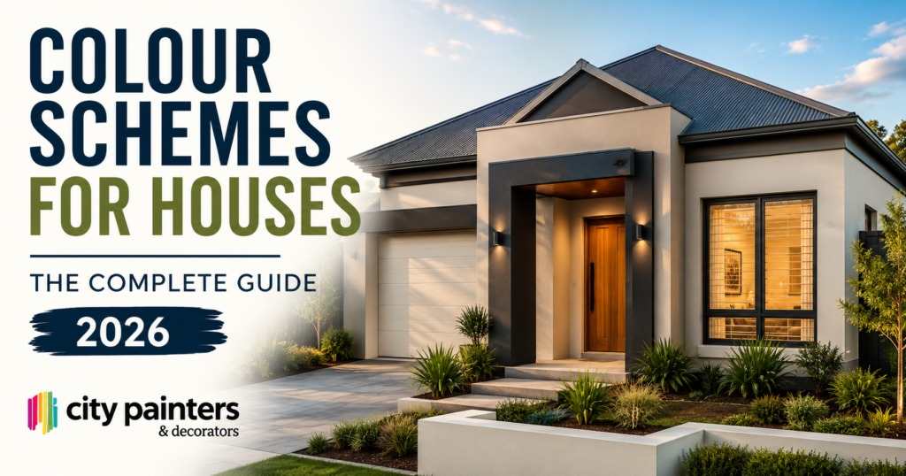Colour schemes for houses guide showing a modern Perth home exterior, neutral paint colour palette, exterior colour ideas, and expert painting tips from City Painters & Decorators