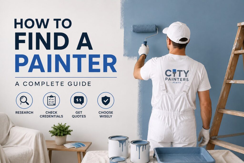 Interior house painting scene with painter applying blue paint, ladder and supplies visible, illustrating how to choose the right painting professional.