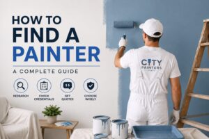 Interior house painting scene with painter applying blue paint, ladder and supplies visible, illustrating how to choose the right painting professional.