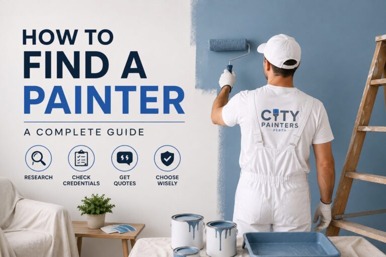 Interior house painting scene with painter applying blue paint, ladder and supplies visible, illustrating how to choose the right painting professional.