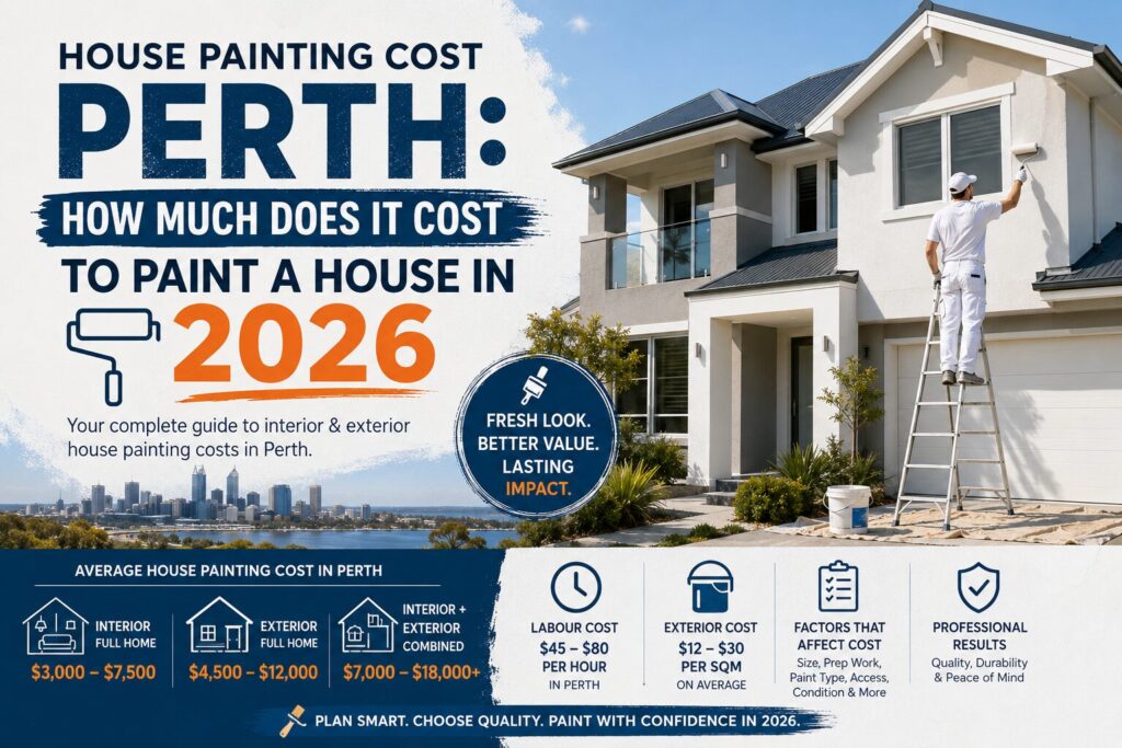 House painting cost Perth 2026 – infographic showing interior painting cost $3,000–$7,500, exterior $4,500–$12,000, and labour rates $45–$80 per hour for Perth house painters.