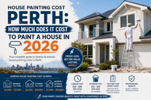 House painting cost Perth 2026 – infographic showing interior painting cost $3,000–$7,500, exterior $4,500–$12,000, and labour rates $45–$80 per hour for Perth house painters.
