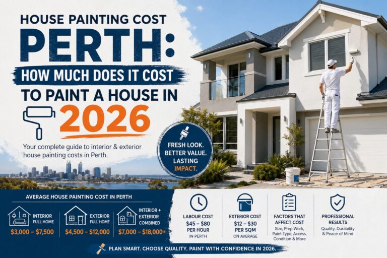 House painting cost Perth 2026 – infographic showing interior painting cost $3,000–$7,500, exterior $4,500–$12,000, and labour rates $45–$80 per hour for Perth house painters.