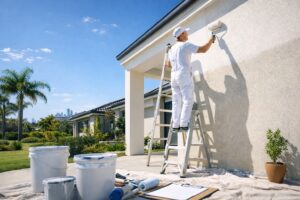 House painting cost guide with exterior painter working Perth home