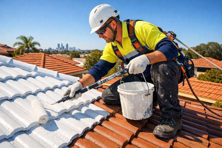 Roof painter applying coating on tiled roof in Perth