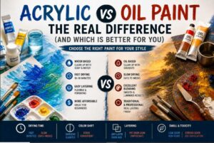 Acrylic vs oil paint comparison, differences in drying time, blending, cleanup, and usage for home painting and art projects.