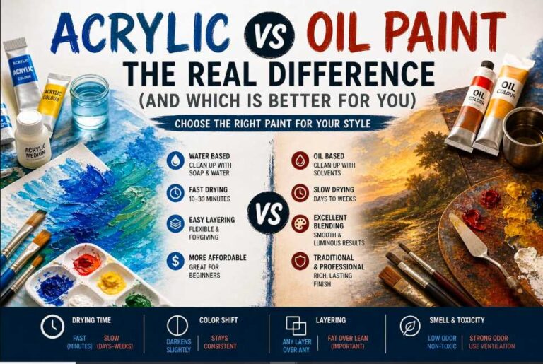 Acrylic vs oil paint comparison, differences in drying time, blending, cleanup, and usage for home painting and art projects.