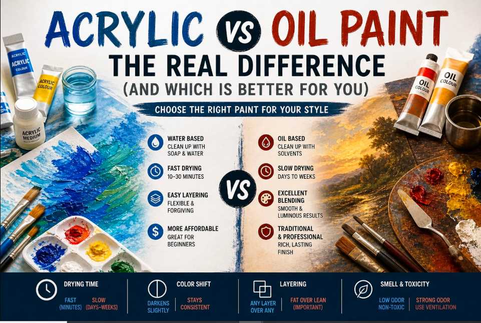 Acrylic vs oil paint comparison, differences in drying time, blending, cleanup, and usage for home painting and art projects.