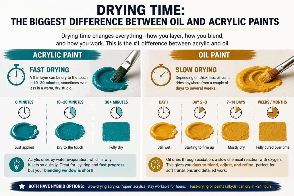 comparing acrylic (fast drying 10–30 mins via water evaporation) and oil paint (slow drying days to weeks via oxidation) with timeline and brush visuals.
