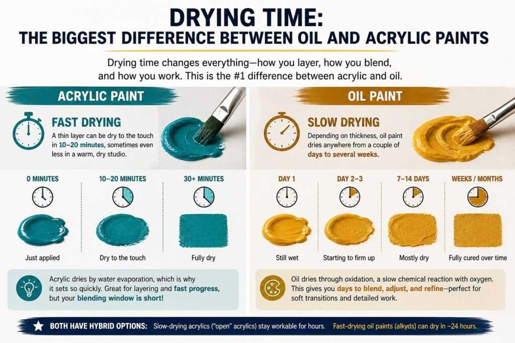 comparing acrylic (fast drying 10–30 mins via water evaporation) and oil paint (slow drying days to weeks via oxidation) with timeline and brush visuals.