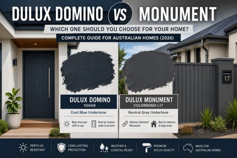 Dulux Domino vs Monument comparison showing blue undertone vs neutral grey on exterior walls for Perth homes in Australian sunlight