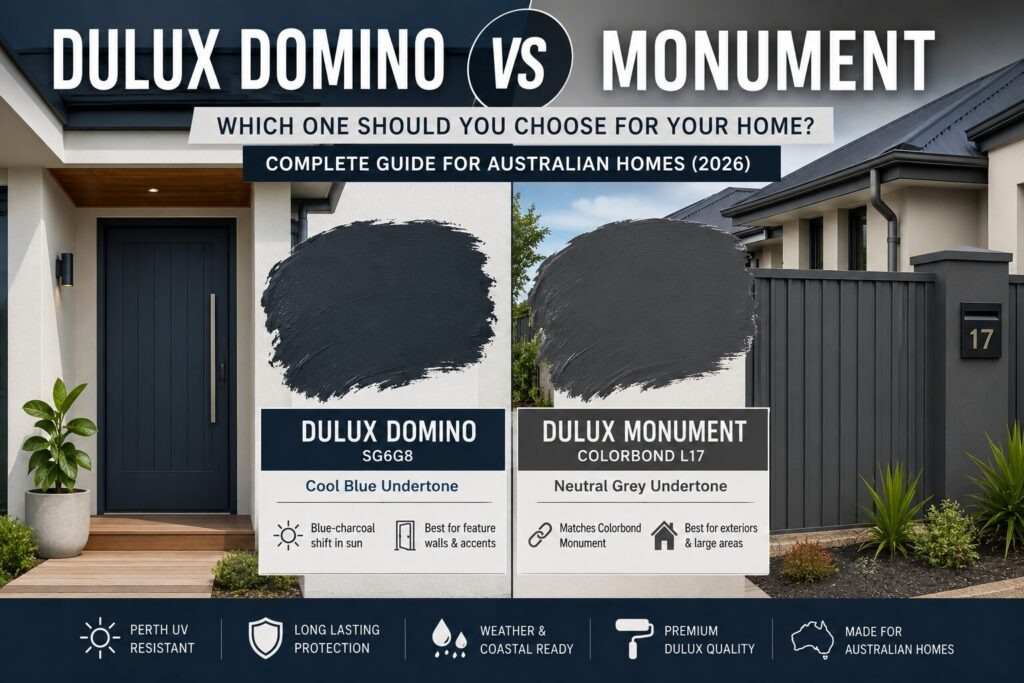 Dulux Domino vs Monument comparison showing blue undertone vs neutral grey on exterior walls for Perth homes in Australian sunlight