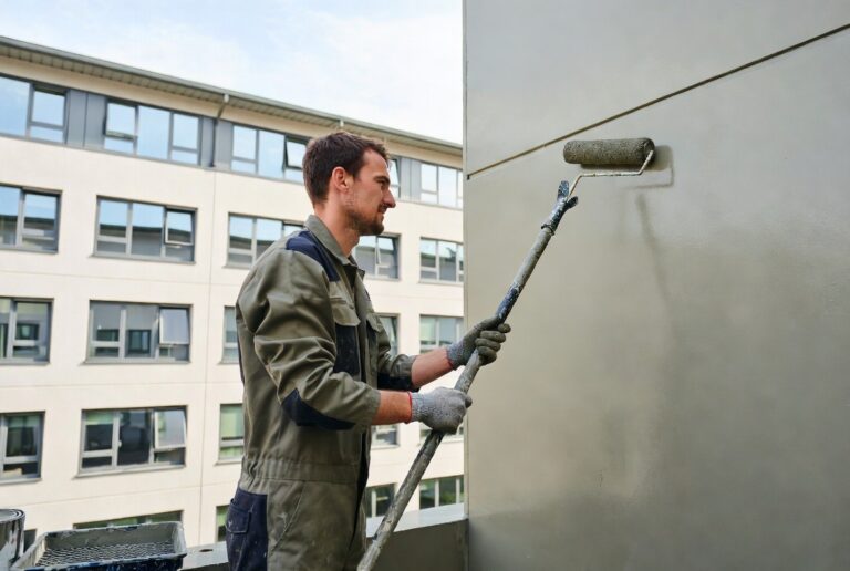 Painter with roller brush preparing for strata and multi-level office building painting in Perth