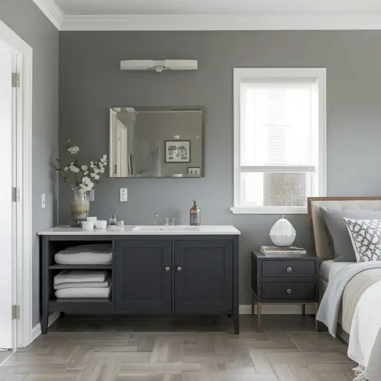 Modern dark bathroom vanity cabinet next to a light gray painted bedroom