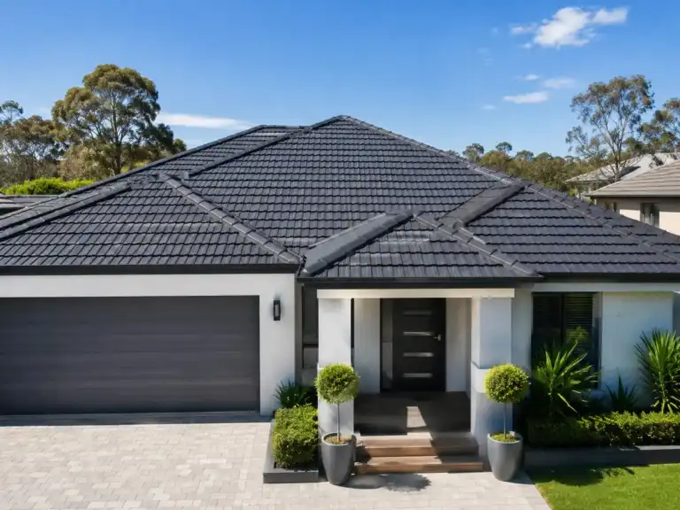 Modern home front exterior with a freshly painted dark roof