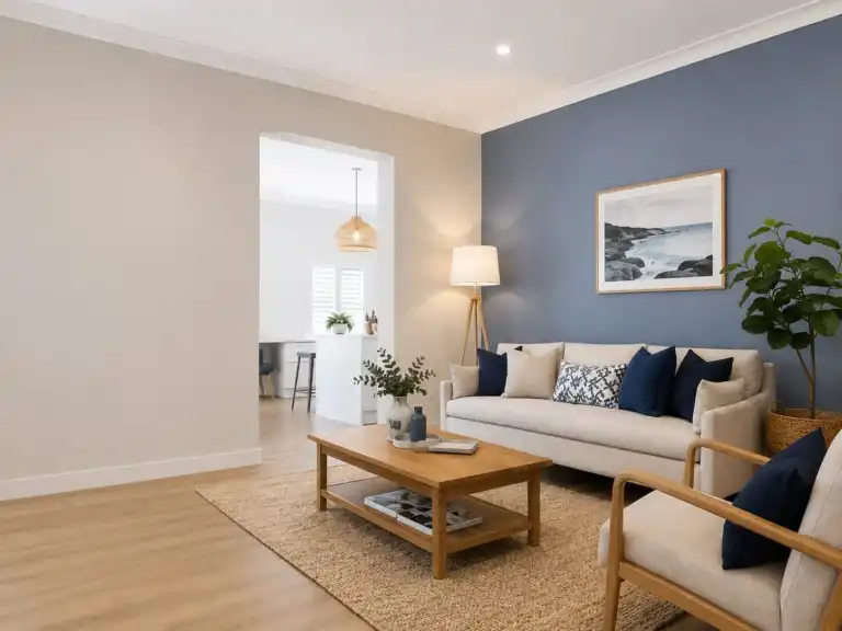 Living room with a blue accent wall, sofa, coffee table, and lamp
