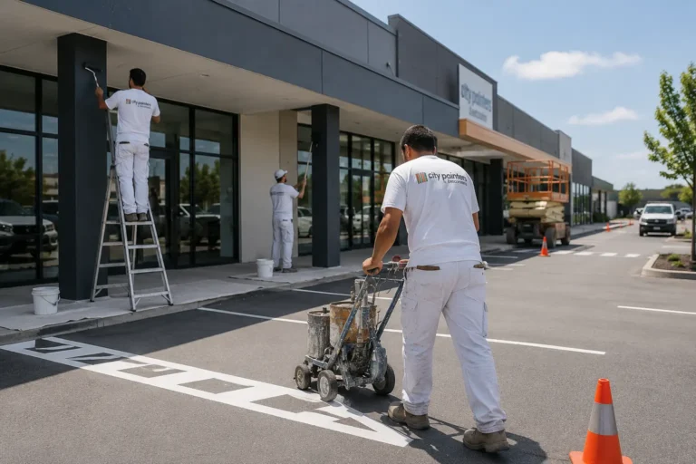 Commercial painters in Canning Vale painting shopfront exterior and line marking a retail carpar