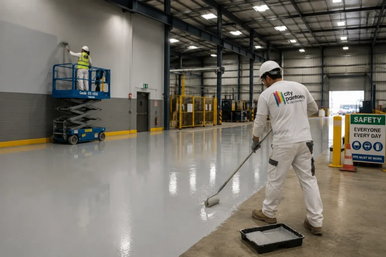 Commercial painters in Madeley applying epoxy floor coating in an industrial warehouse