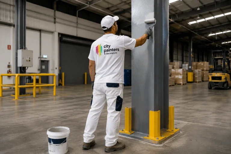Commercial painters in Willagee painting a structural steel column inside a warehouse