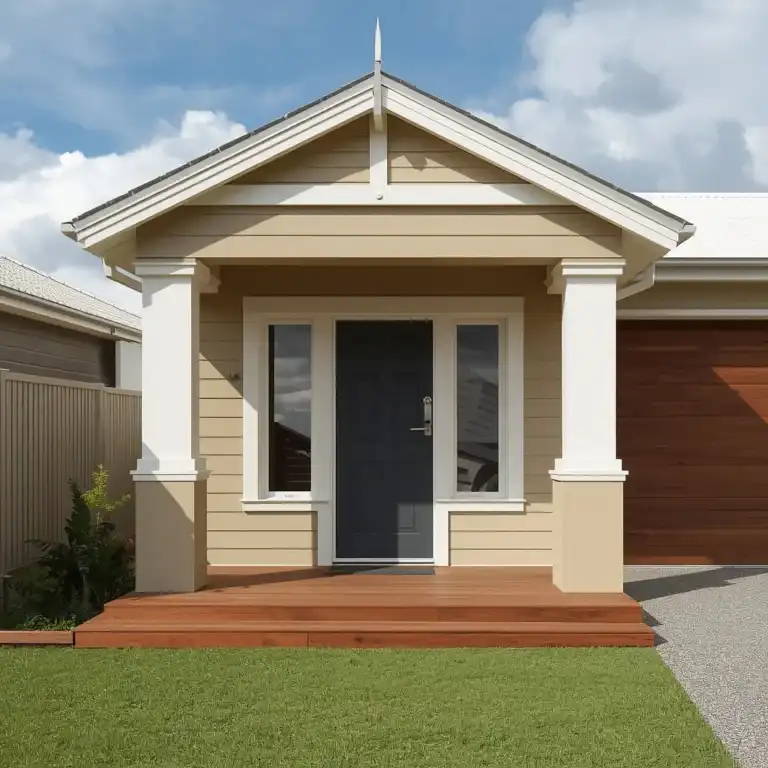 Front view of a beige and cream painted bungalow house with a small porch