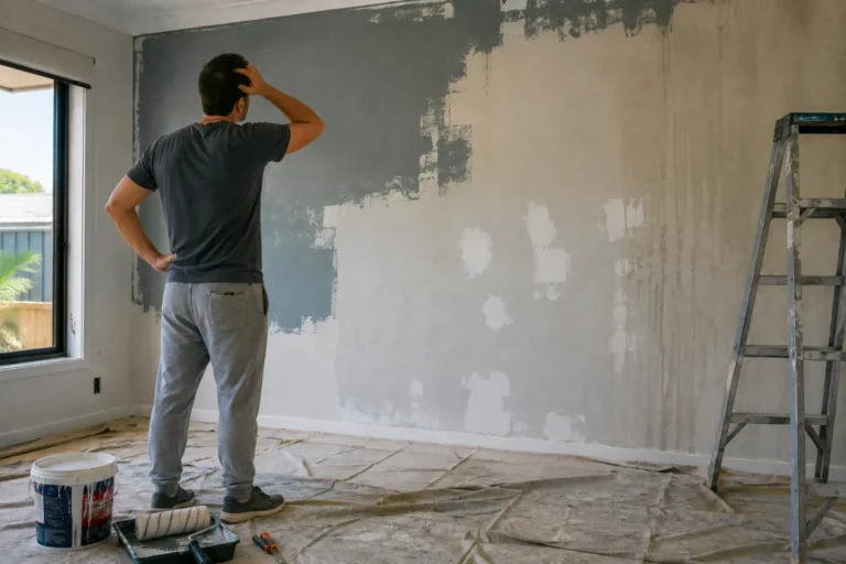 Homeowner frustrated with an uneven DIY paint job, showing the need for professional house painters in Canning Vale