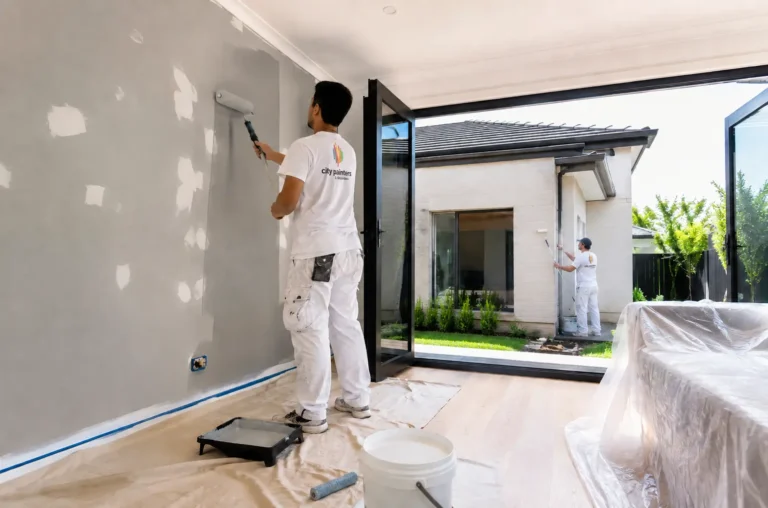 Residential painters in Canning Vale rolling interior wall paint with team painting exterior in background