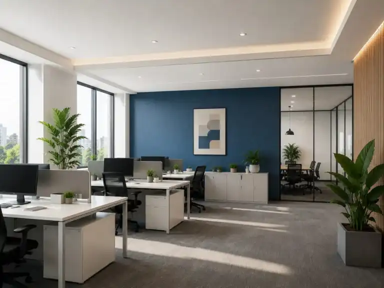 Bright modern office space with blue painted accent wall