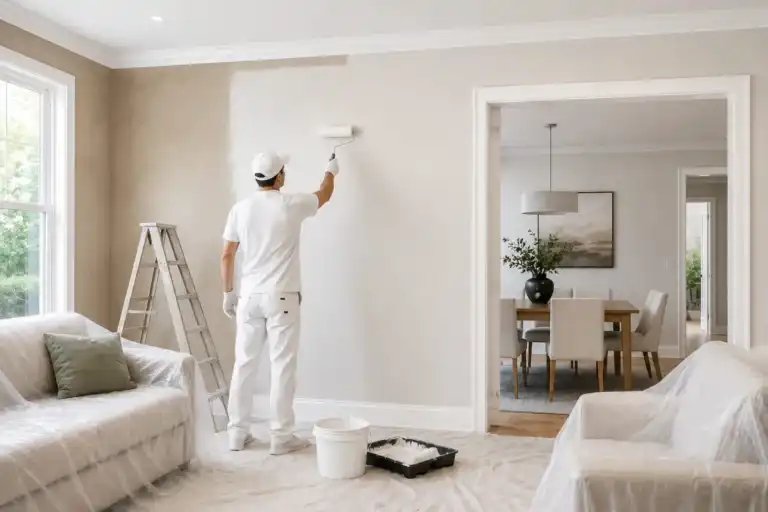 Painter in white clothes rolling beige paint on a living room wall