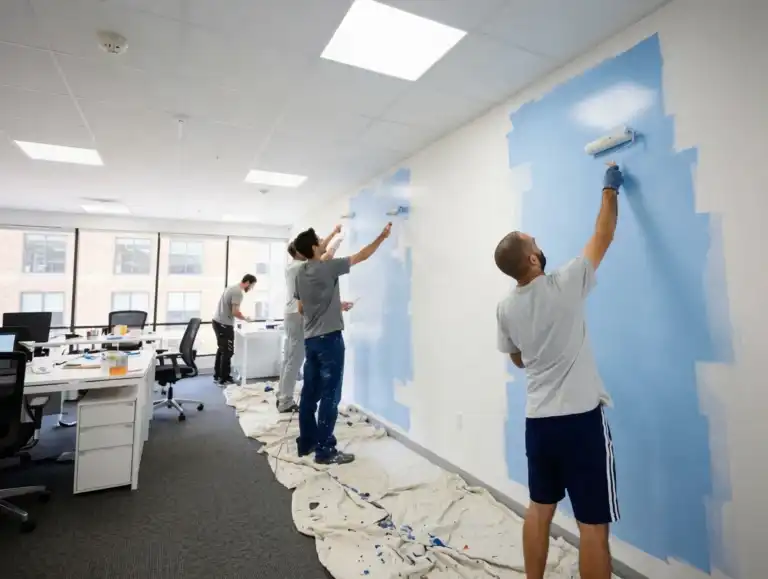 Group of painters applying light blue paint to an office wall