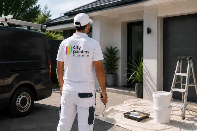 Painters in Madeley ready to start a residential exterior painting job with service van and equipment