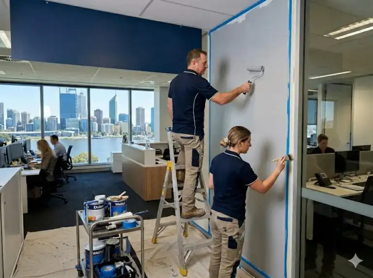 Painters on stepladders painting office walls near windows