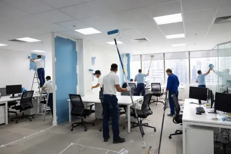 Team of painters painting an open plan office room