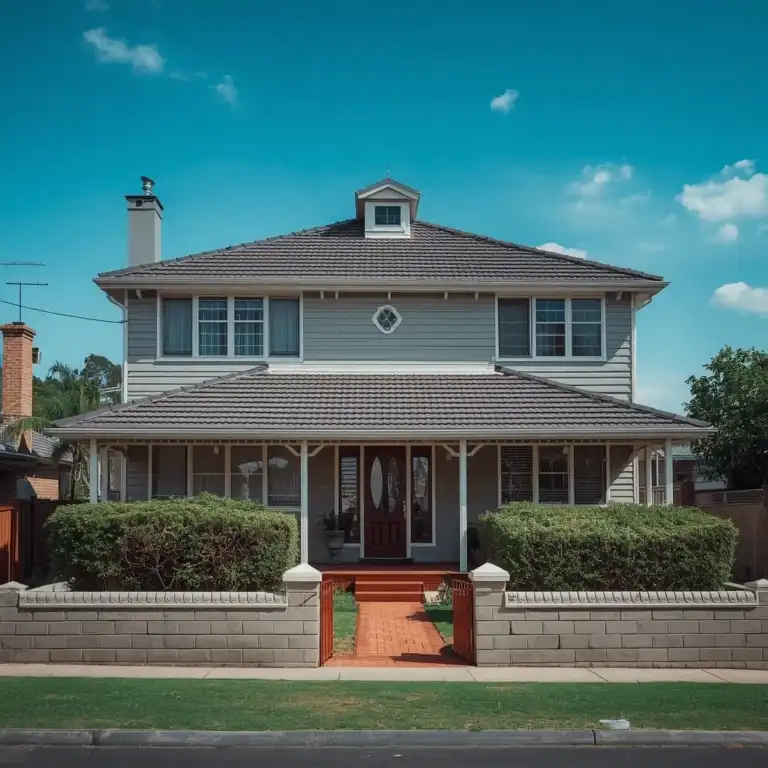 Exterior front view of a two-story residential house with front yard hedge