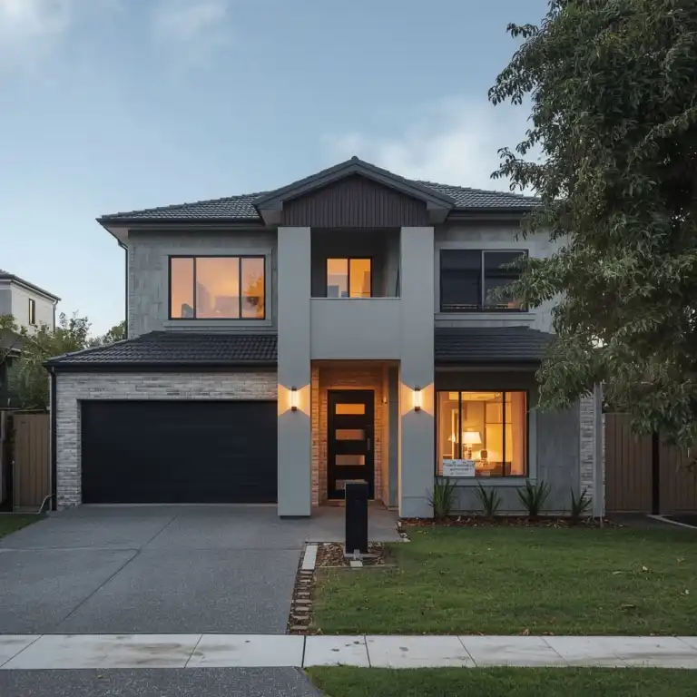 Front view of a contemporary two-story house with exterior lighting at dusk