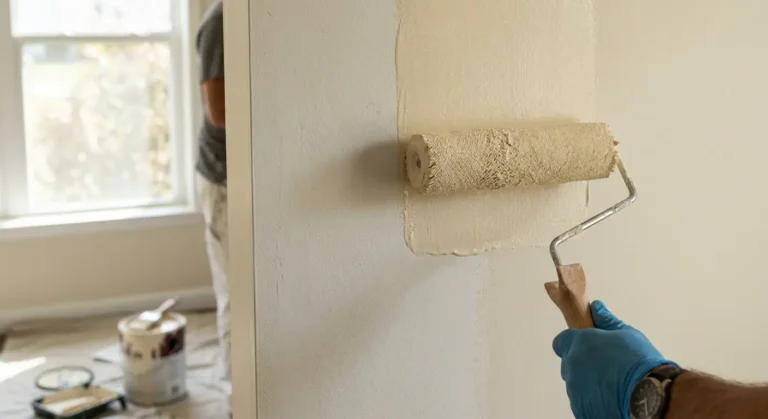 Painter applying a second coat of paint with a roller on an interior wall for even coverage, Perth painting service