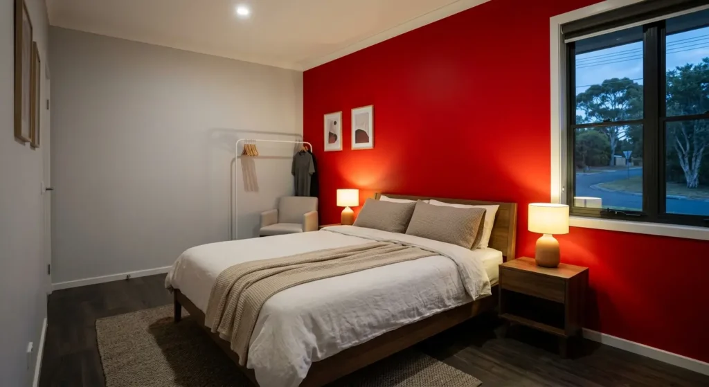 Bold red bedroom paint colour showing how a stimulating shade can affect mood and disrupt restful sleep