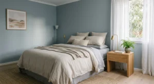 Soft blue grey bedroom paint colour creating a calming, sleep friendly atmosphere, one of the best colours for bedroom spaces