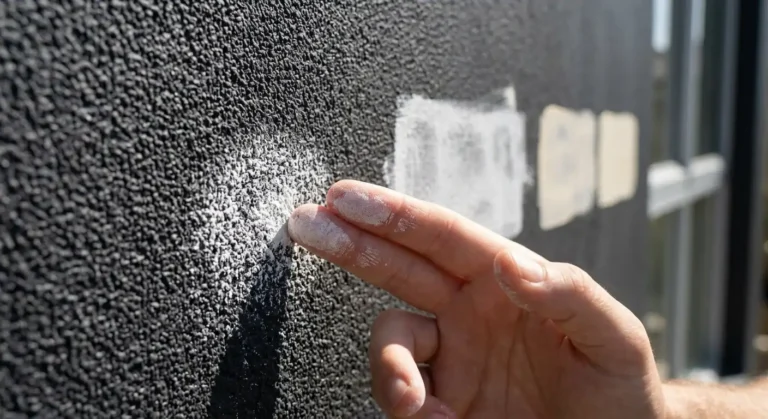Close-up of chalky white residue transferring onto a hand from an exterior wall, a key sign of a poor paint job and wall paint looks dull