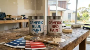 Two paint tins with colour swatches and a brush, representing a Dulux vs Taubmans paint comparison for Perth homes