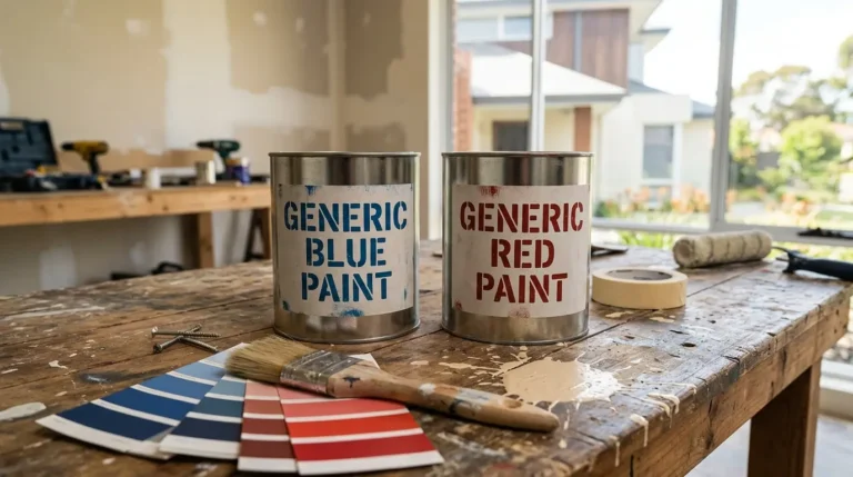 Two paint tins with colour swatches and a brush, representing a Dulux vs Taubmans paint comparison for Perth homes
