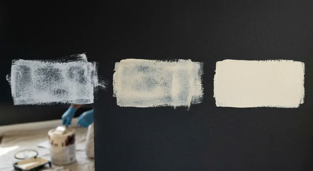 Paint swatch comparison showing dark colour bleeding through one coat versus full coverage after painting over dark colors